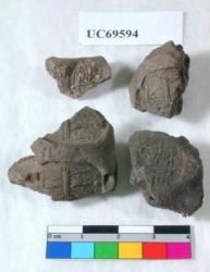 Dynasty 19, four fragments of sealing clay with message &ldquo;Ramses beloved of Amun&rdquo; UC69594 - Copyright of the Petrie Museum of Egyptian Archaeology, UCL